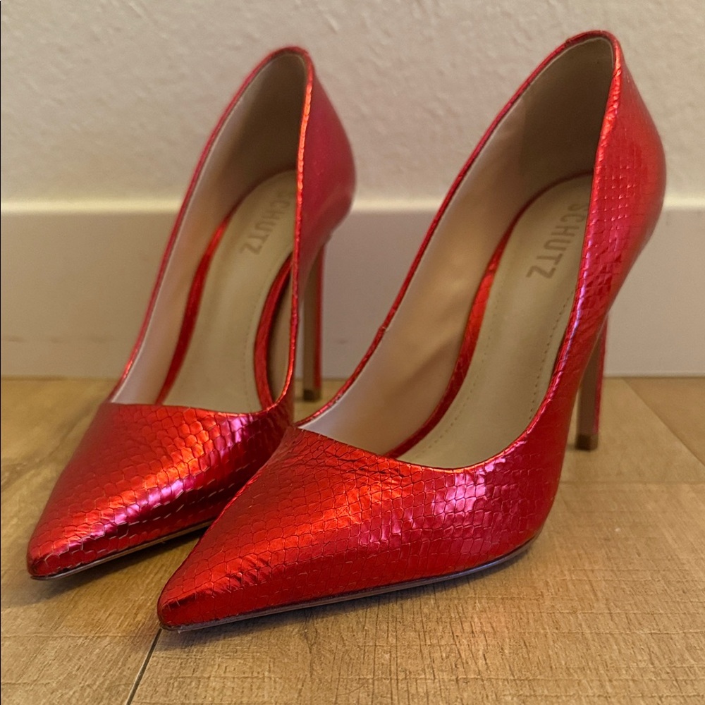 Schutz Red Stiletto metallic snake skin Heels